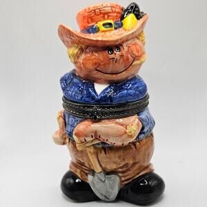 Vintage Ceramic Farmer Hinged Jar Hand Painted Folk Art Figurine 7”